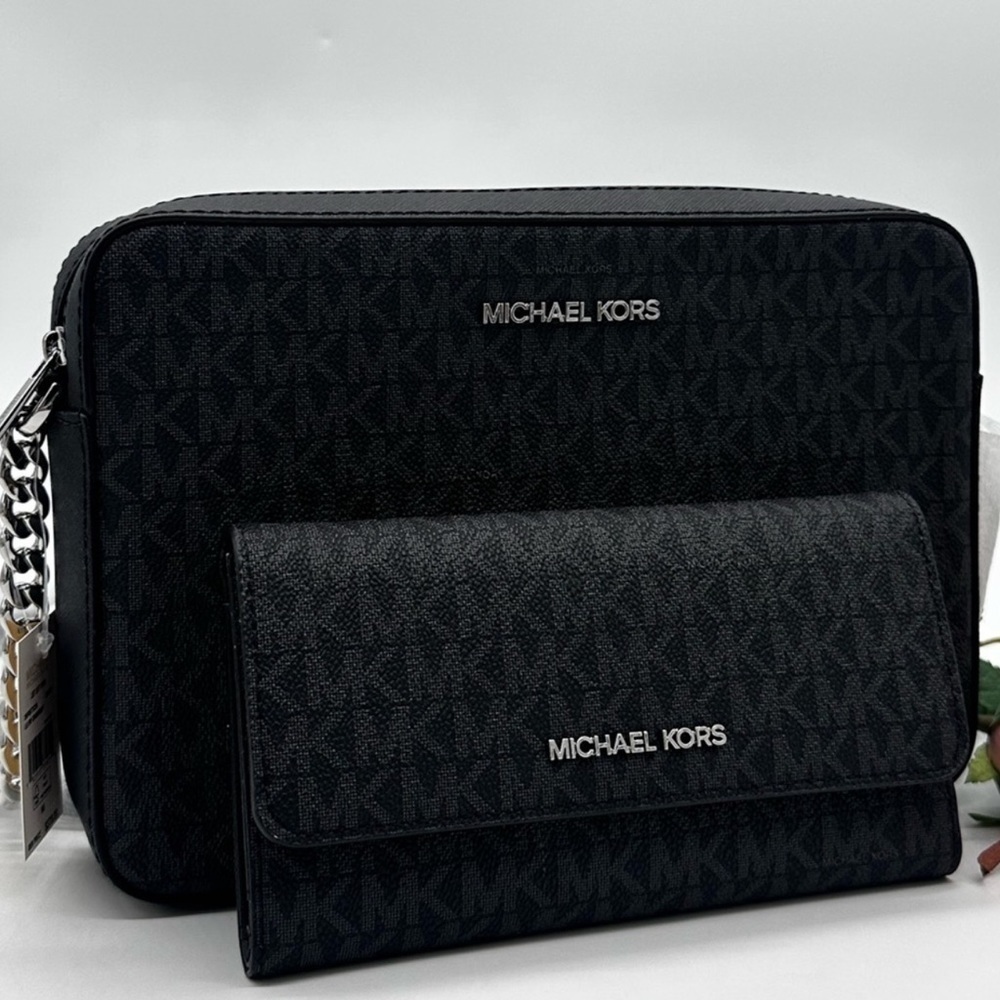 Michael Kors Large Ew Crossbody Bag & Large (Nwt) Trifold Wallet Black